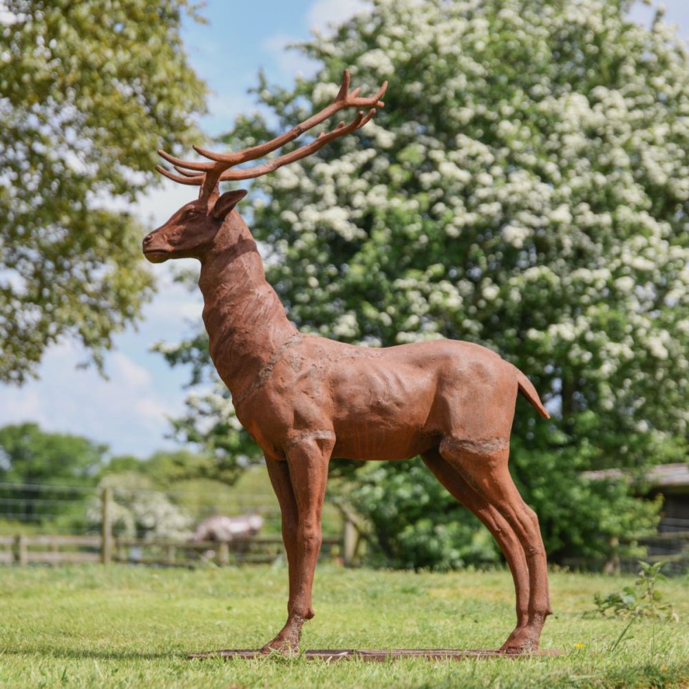 Beautiful Cast Iron Stag Sculpture-Facing Forward Side