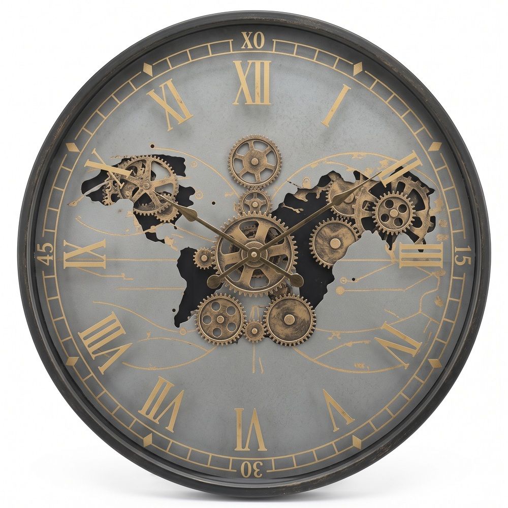 Beautiful Industrial World Map & Gear Wall Clock