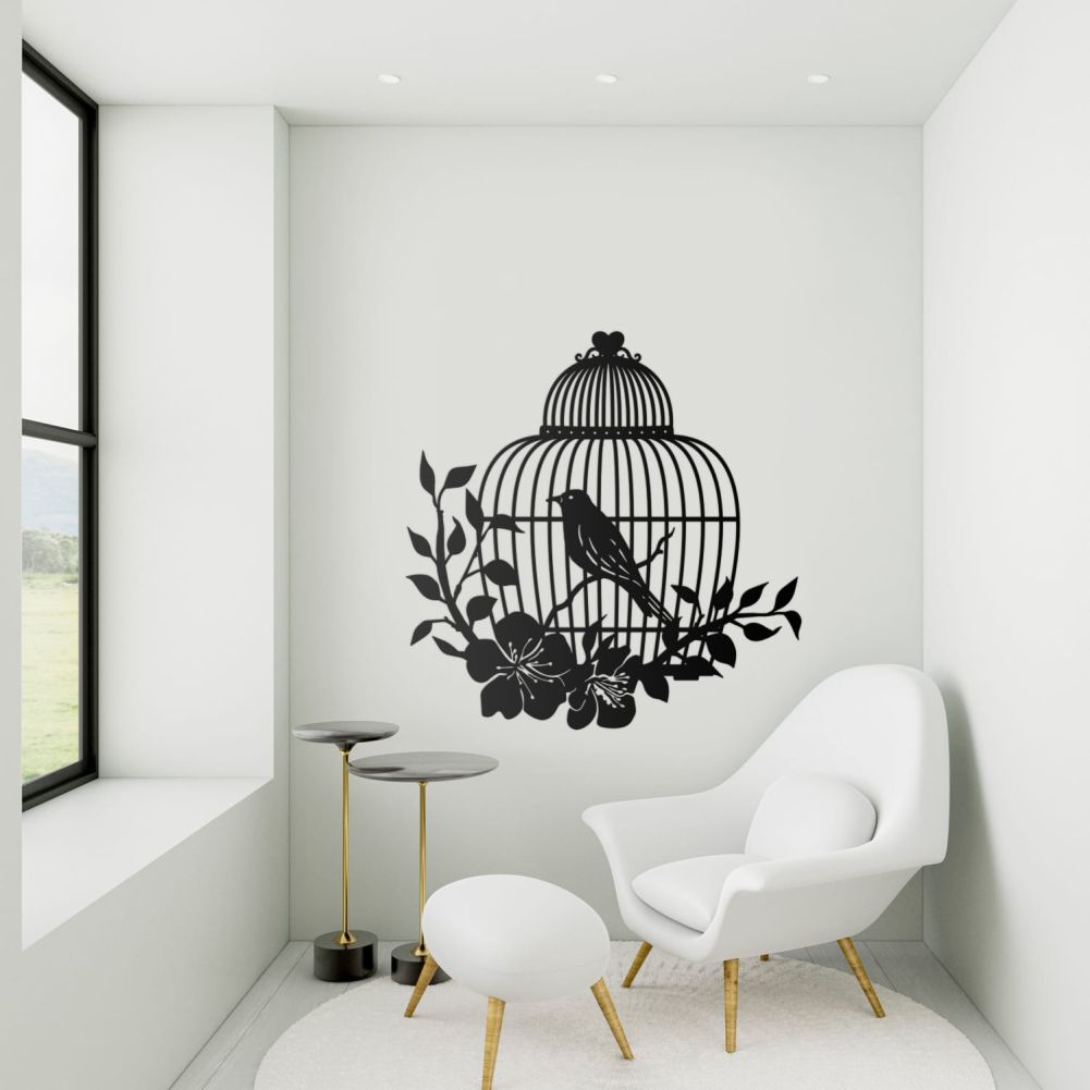 Black Bird Cage Wall Art In a Living Room