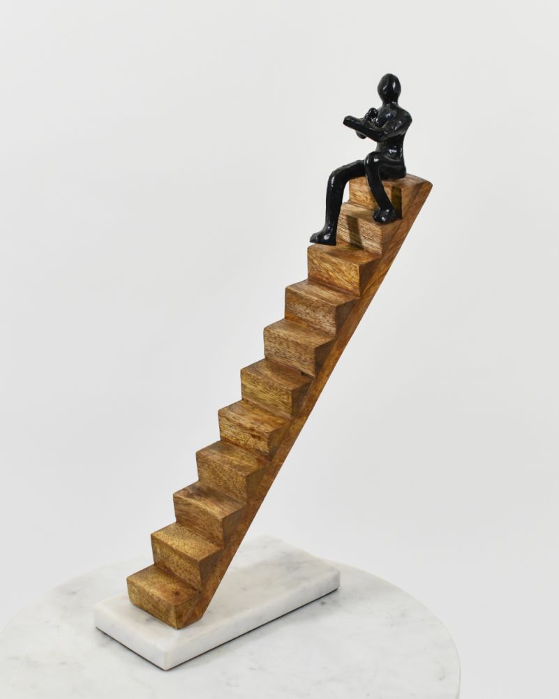 Black Aluminium & Wood 'Silent Ascent' Sculpture With Marble Base