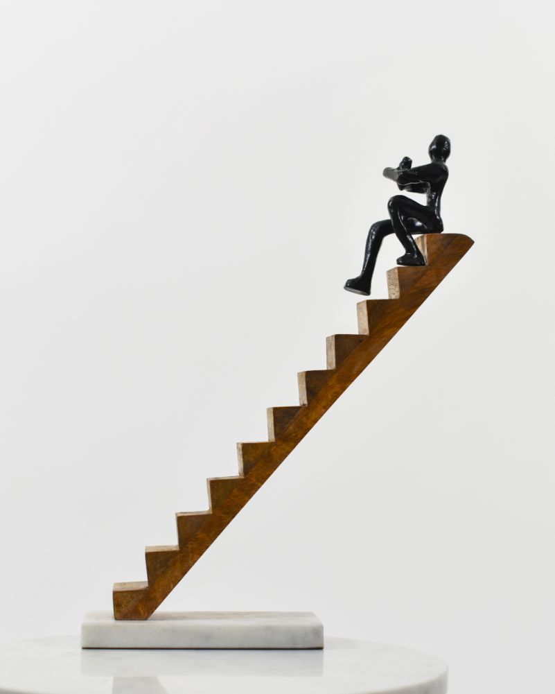 Side Of The Black Aluminium & Wood 'Silent Ascent' Sculpture With Marble Base
