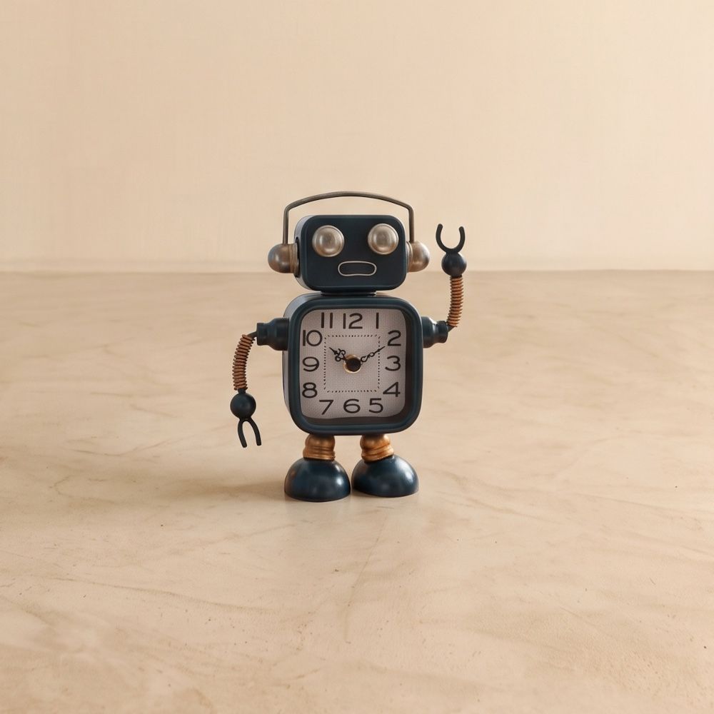 Blue metal waving standing robot clock