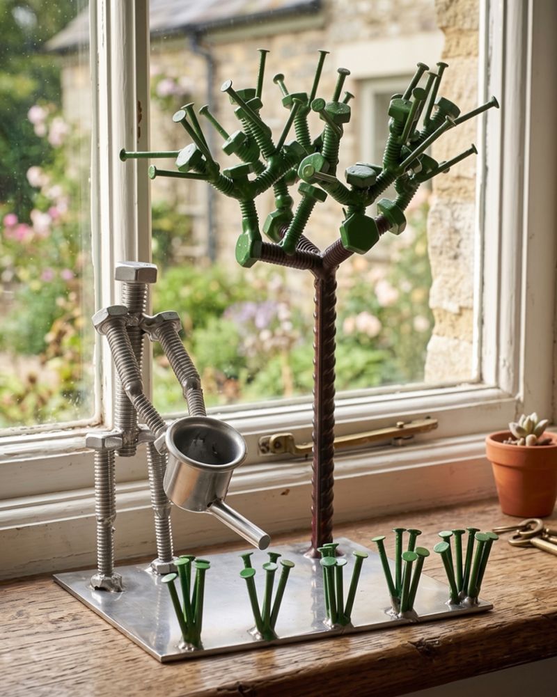 Botanical Bolts Gardening Scrap Metal Art Sculpture Digital Illustration