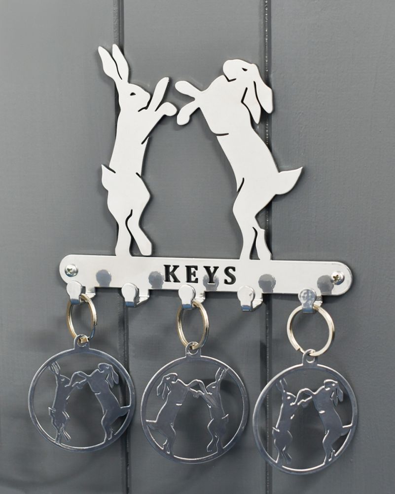 Boxing Hares Key Holder With Trio Of Keyrings