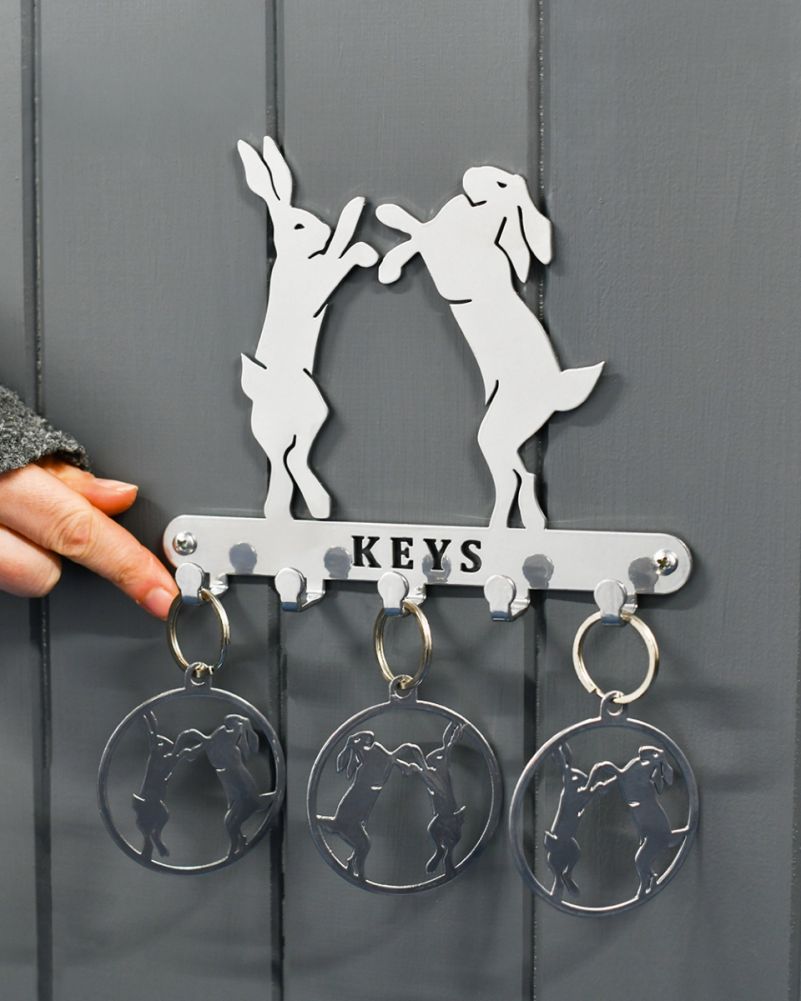 Boxing Hares Key Holder With Trio Of Keyrings To Scale