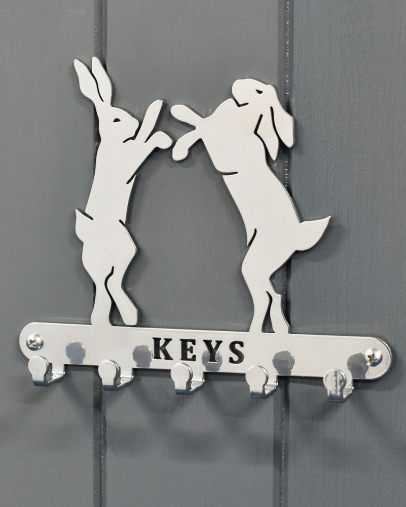 Boxing Hares Key Holder With Trio Of Keyrings Close Up