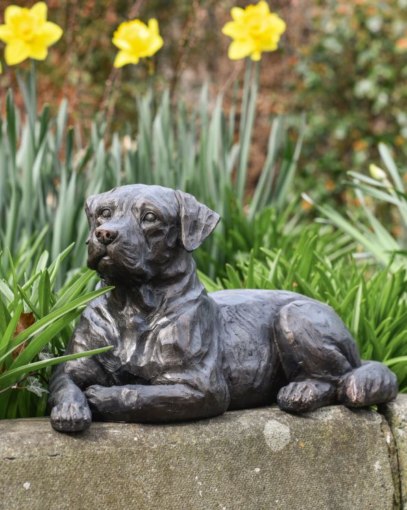Bronze Effect Resin Laying Labrador Garden Sculpture Side On