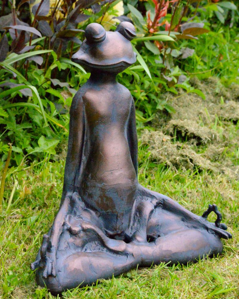Bronze & Verdigris Composite Garden Sculpture - Meditating Frog Close Up