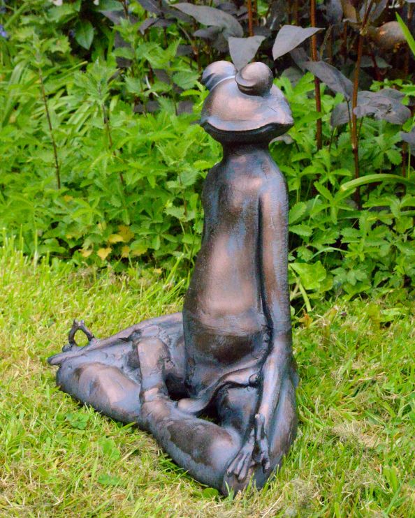 Bronze & Verdigris Composite Garden Sculpture - Meditating Frog Side On