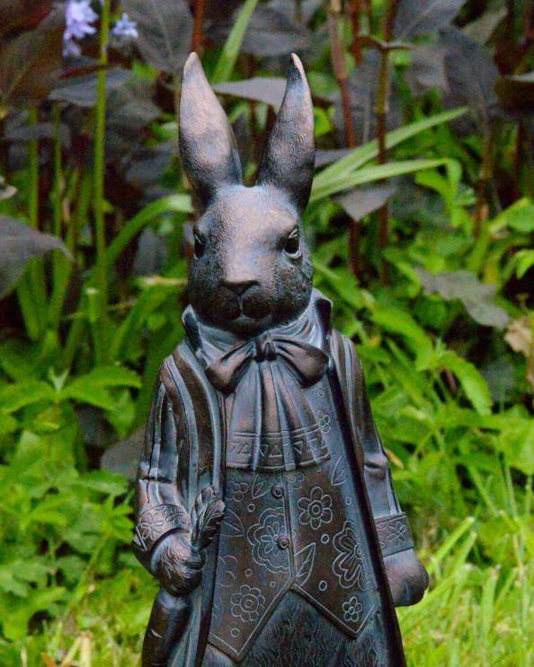 Bronze & Verdigris Composite Garden Sculpture - The Victorian Rabbit Close Up