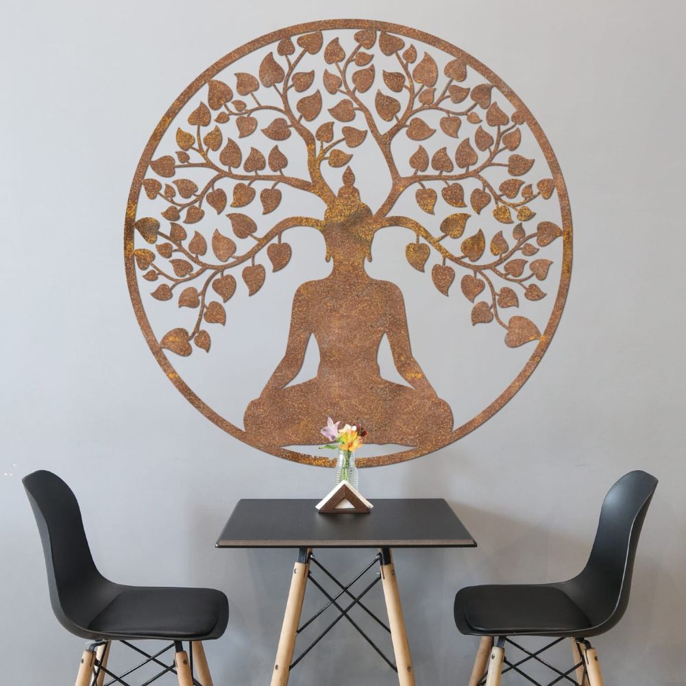 Rustic Buddha & Tree Wall Art With Table & Chairs