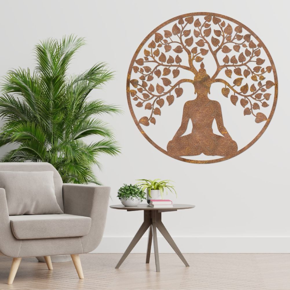 Rustic Buddha & Tree Wall Art In a Living Room