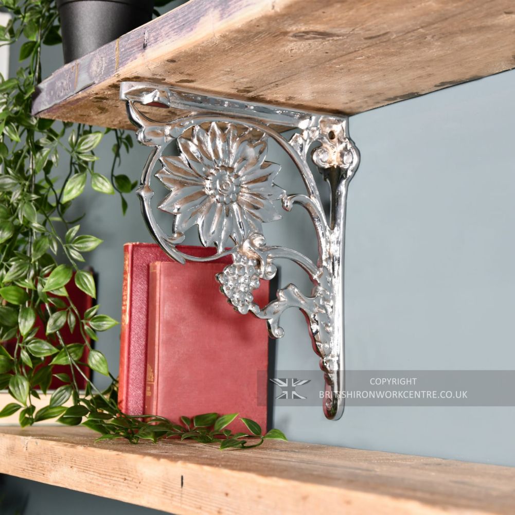 Bright Chrome Ornate Sunflower Shelf Bracket