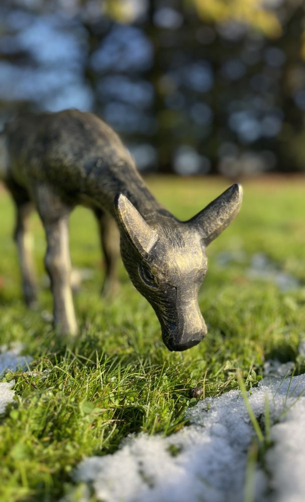 Cast Aluminium Black & Gold Miniature Grazing Doe Close Up