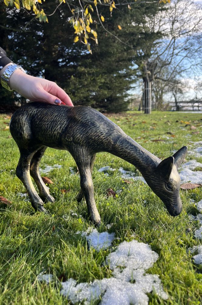 Cast Aluminium Black & Gold Miniature Grazing Doe To Scale