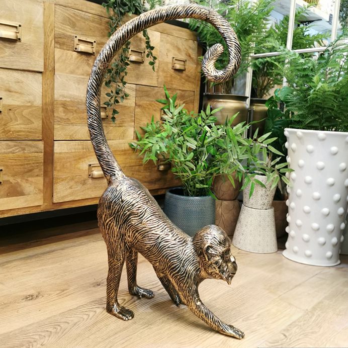 Cast Aluminium Black & Gold Long Tail Monkey Sculpture Side