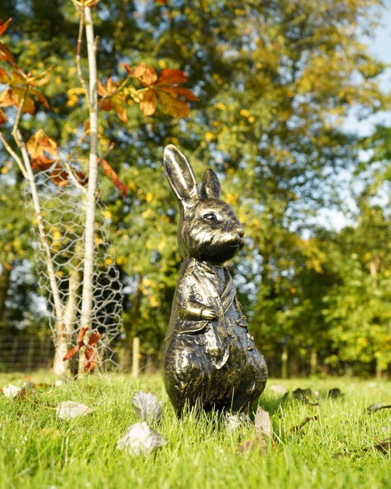 Cast Aluminium Black & Gold 'Peter' Rabbit Garden Sculpture Side On