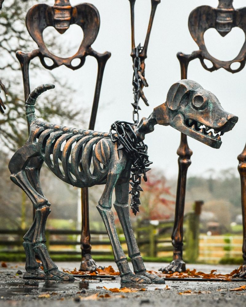 Cast Aluminium 'Boney' The Skeleton Dog Sculpture - Verdigris Details