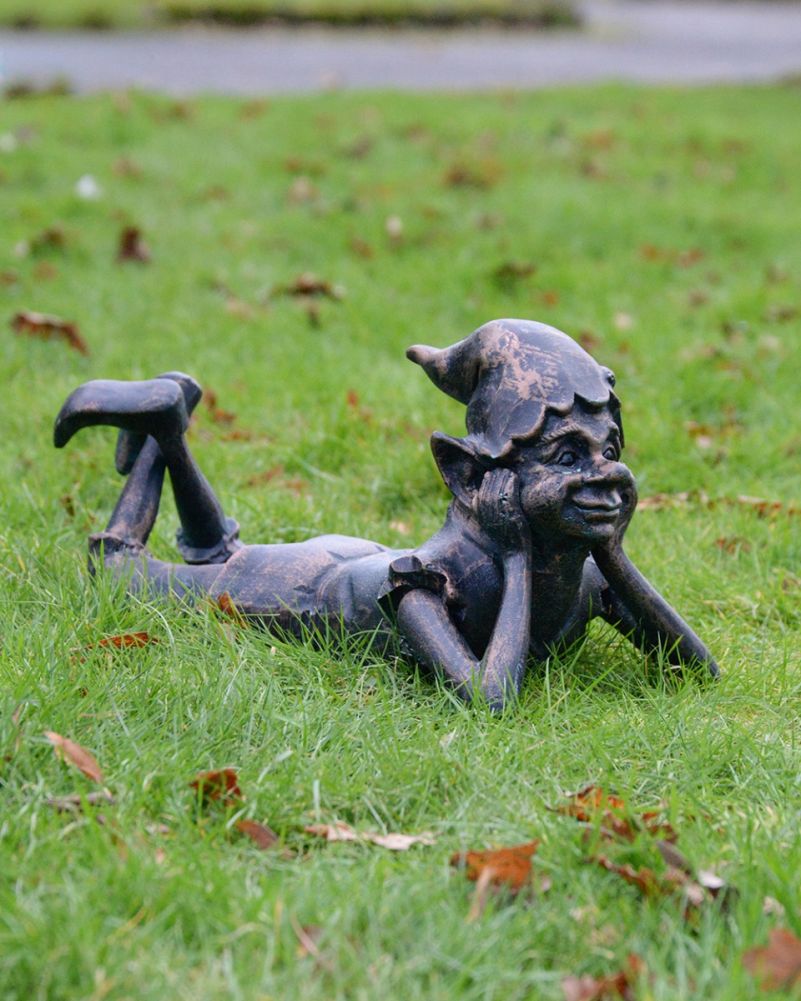 Cast Aluminium 'Daydreaming Pixie' Garden Sculpture - Verdigris