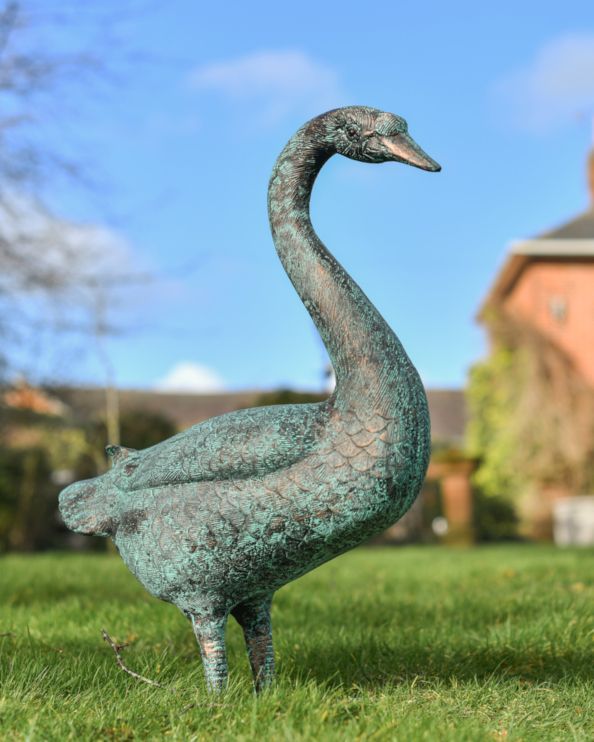 Cast Aluminium Gus The Verdigris Goose Sculpture - Head Down