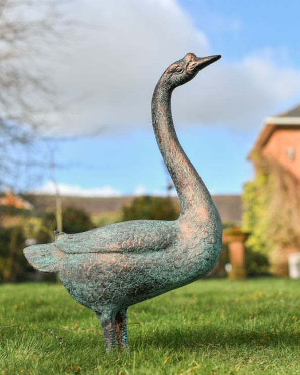 Cast Aluminium Gus The Verdigris Goose Sculpture - Head Up 