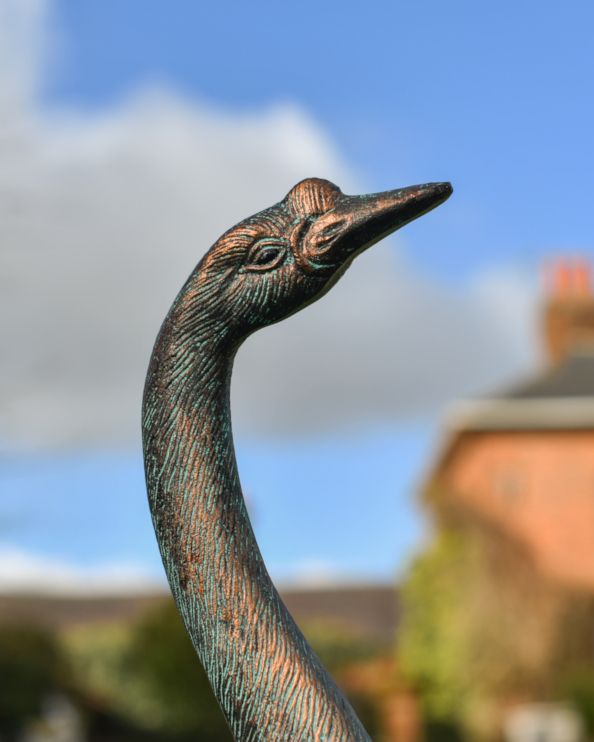 Close Up Of The face From Cast Aluminium Gus The Verdigris Goose Sculpture