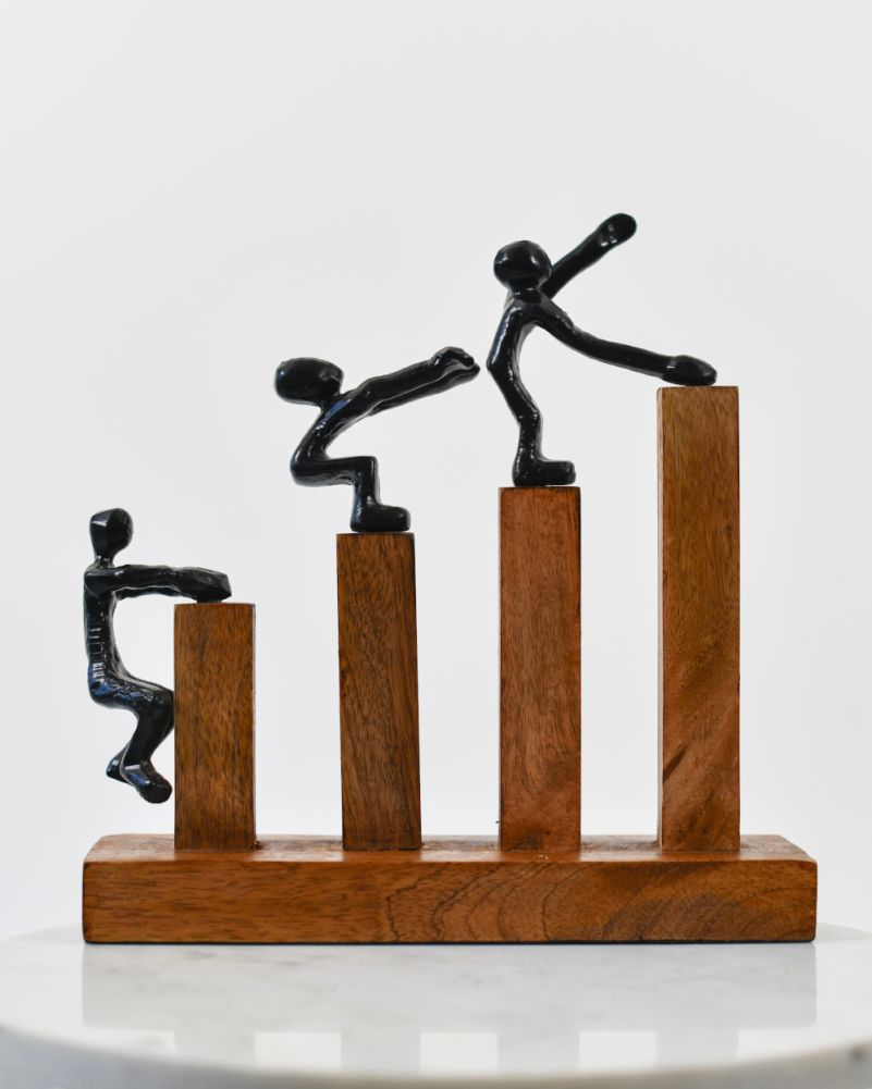 Cast Aluminium & Mango Wood 'Rising Together' Sculpture Side On