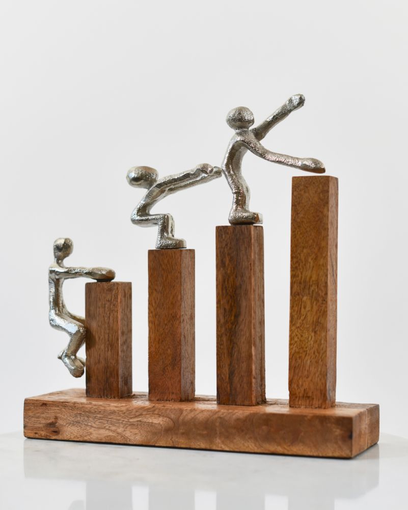 Cast Aluminium & Mango Wood 'Rising Together' Sculpture - Silver 