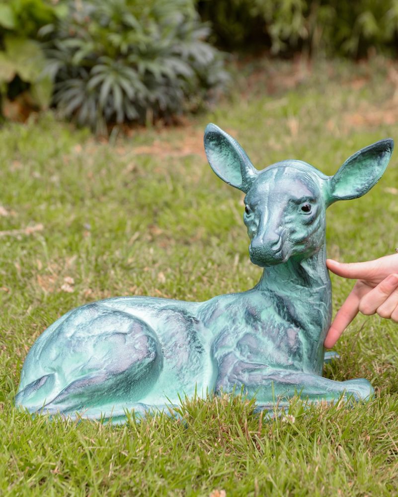 Cast Aluminium 'The Gentle Watcher' Lying Fawn Garden Sculpture To Scale