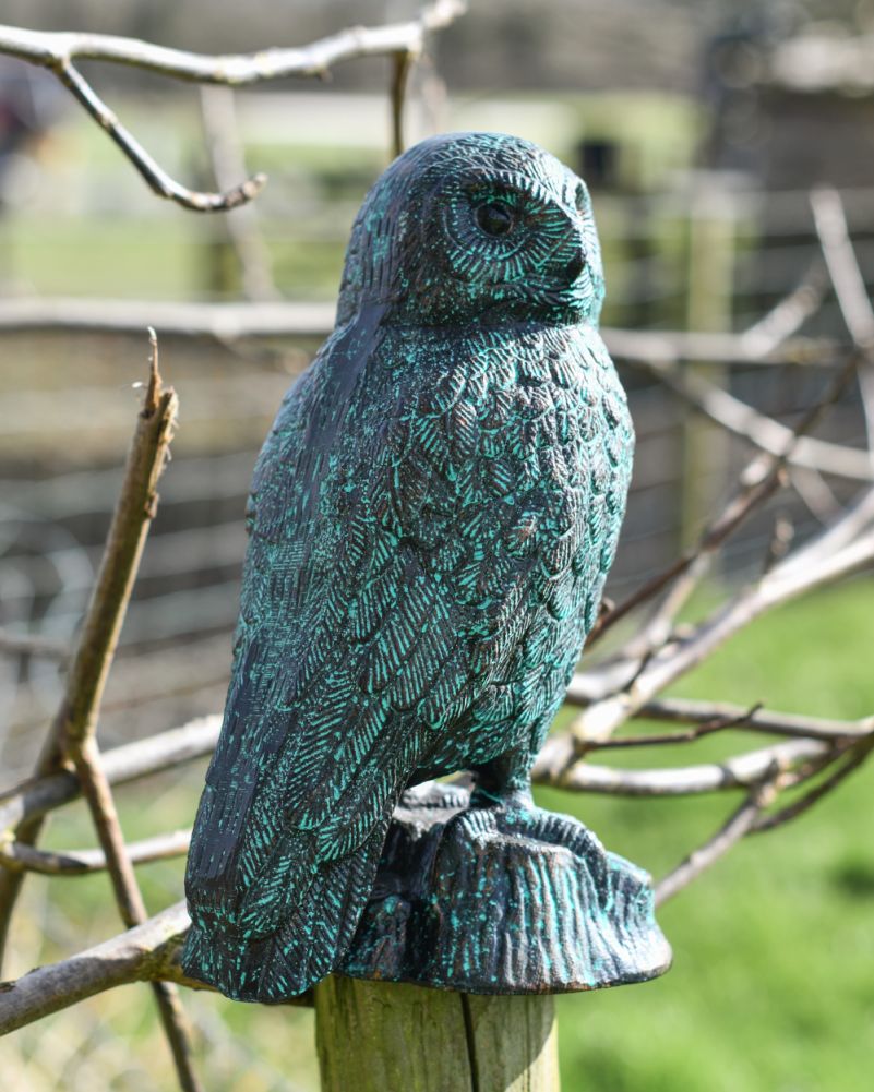 Back Of The Cast Aluminium Verdigris Owl Sculpture 