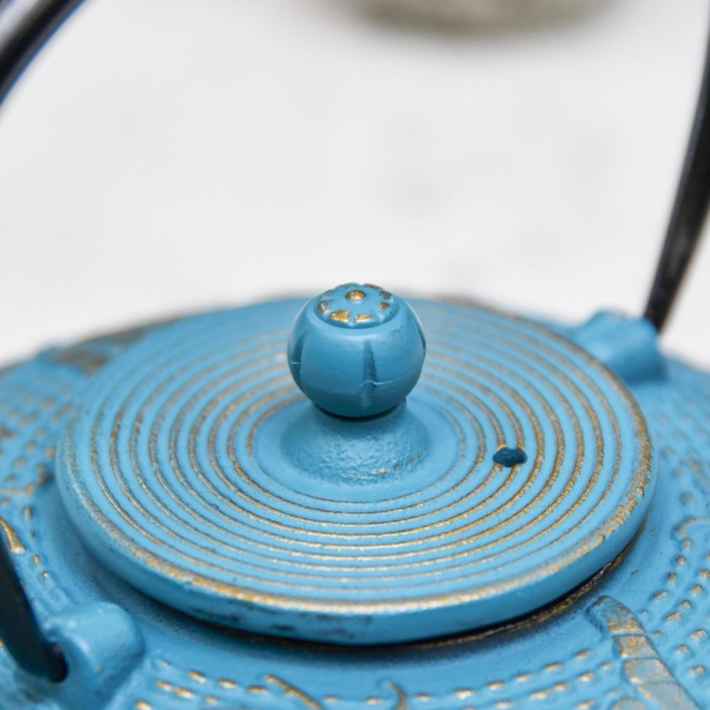 Close Up Of Cast Iron Cyan Japanese Teapot Lid