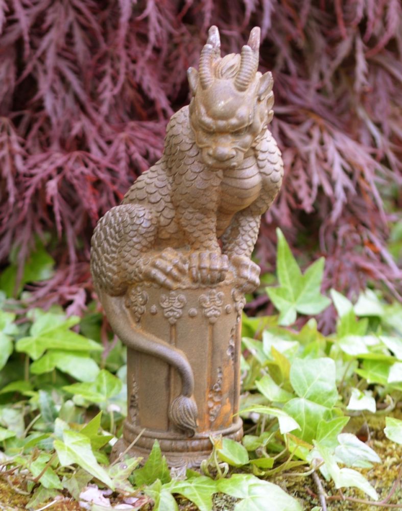 Rustic Cast Iron Dragon Climbing Pillar Garden Sculpture