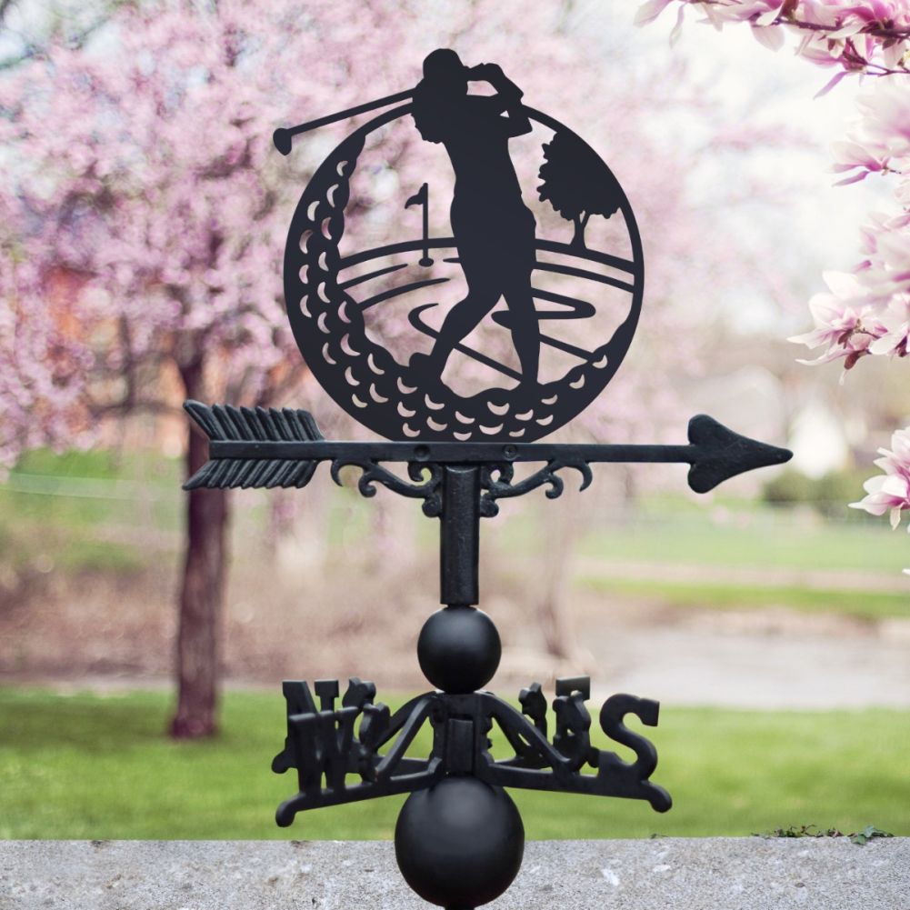 Cast Iron & Steel Female Golfer Weathervane In A Blossom Setting