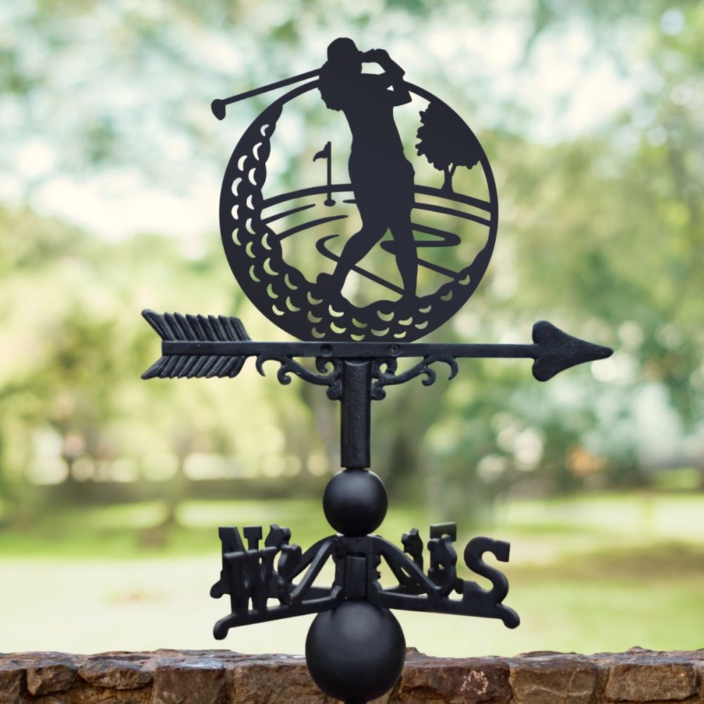 Cast Iron & Steel Female Golfer Weathervane In A Green Setting