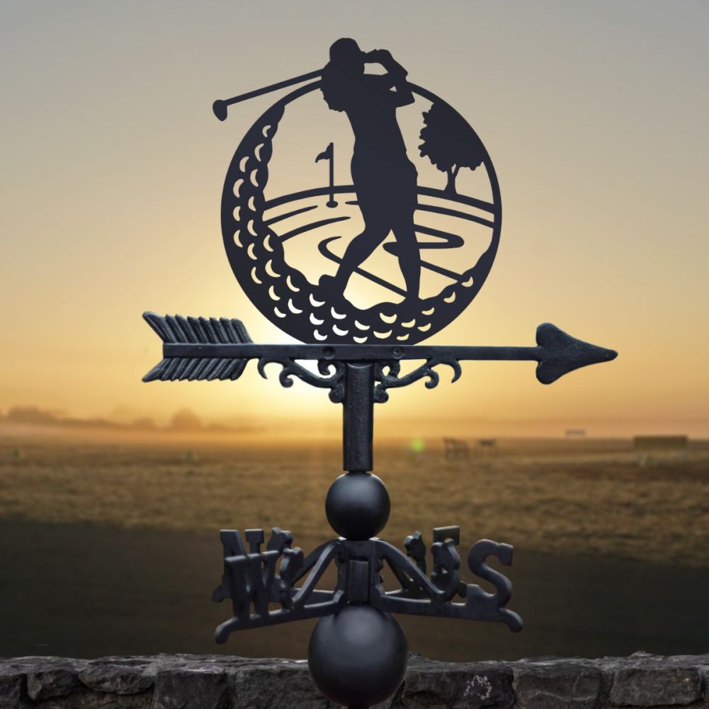 Cast Iron & Steel Female Golfer Weathervane In A Sun Set Setting