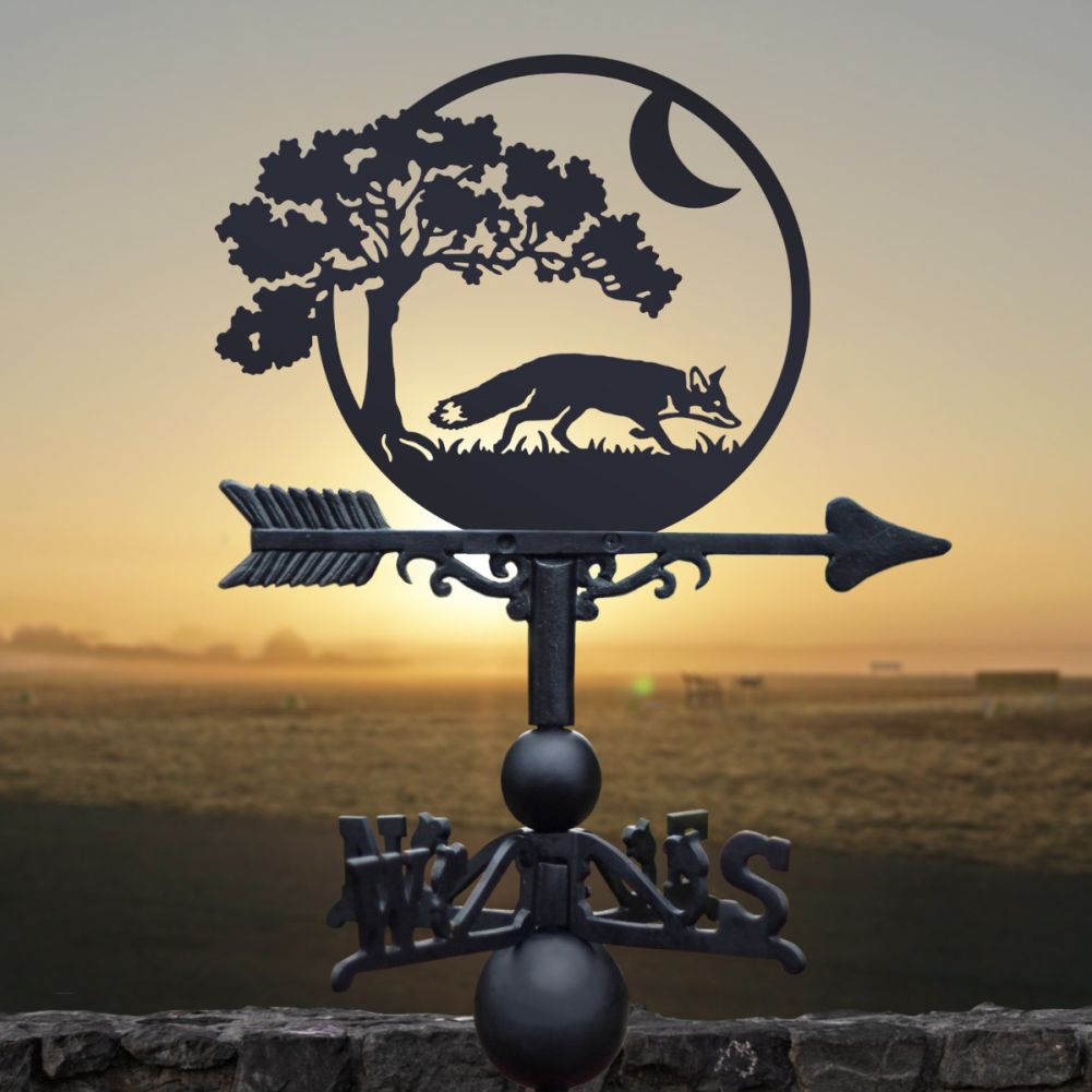 Cast Iron & Steel Fox & Moon Weathervane In A Sunset Setting