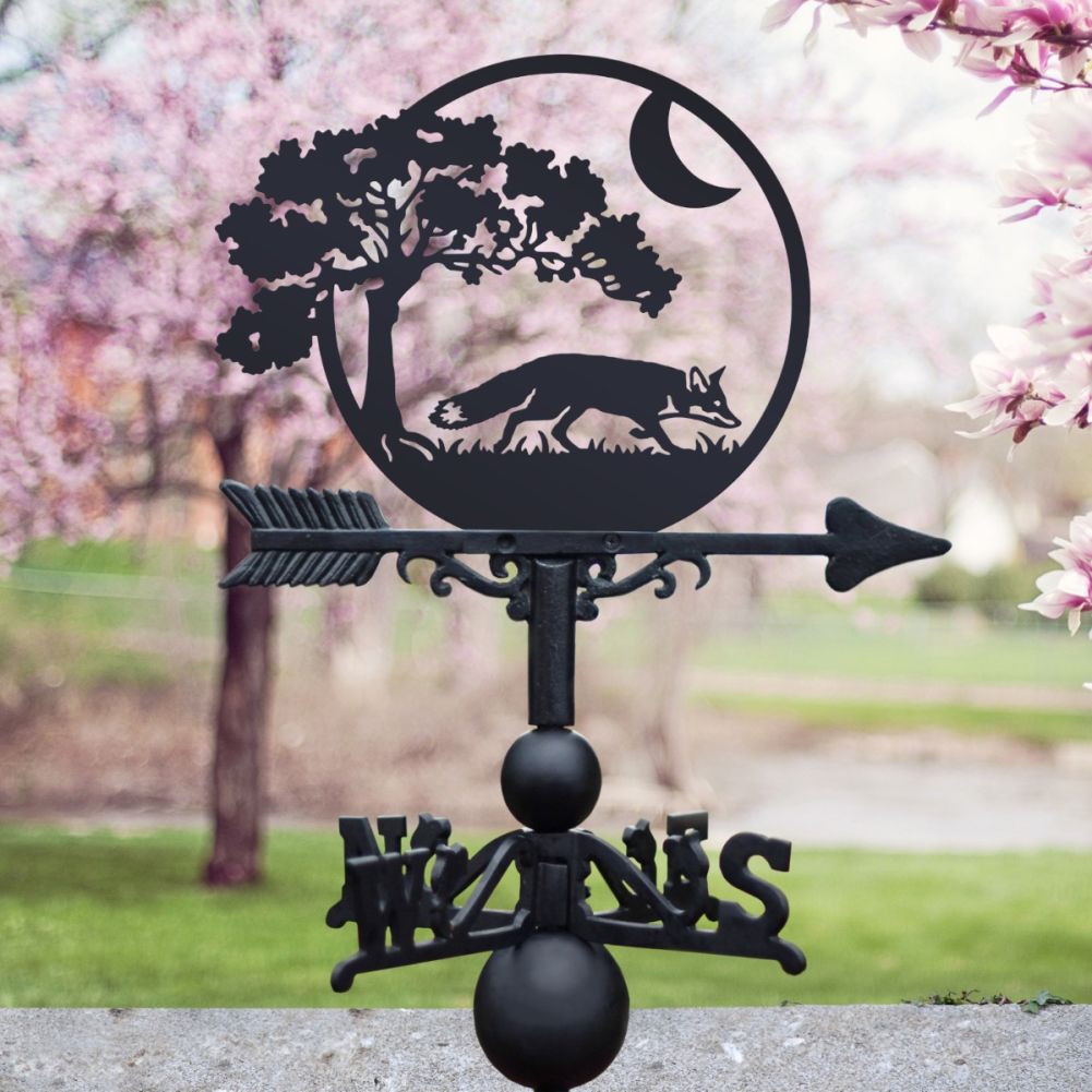 Cast Iron & Steel Fox & Moon Weathervane In A Blossom Setting