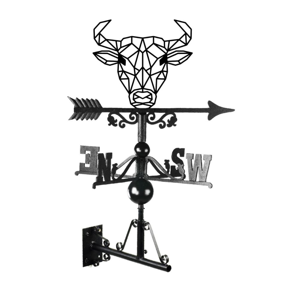 Cast Iron & Steel Geometric Bull Weathervane On A White Background