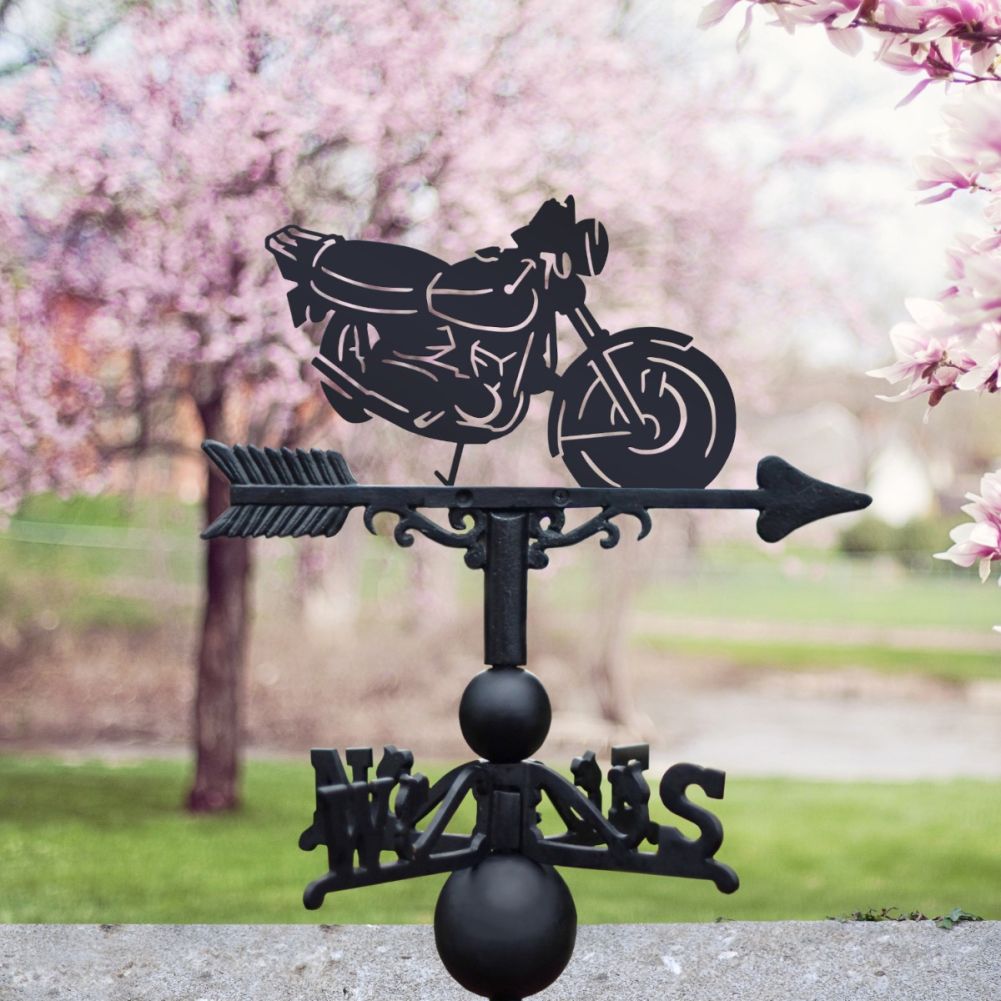 Cast Iron & Steel GT250 Motorcycle Weathervane Next To Blossom Trees