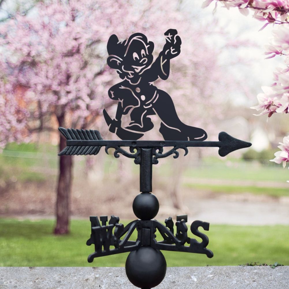 Cast Iron & Steel Happy Cartoon Dwarf & Pickaxe Weathervane in a Blossom Setting