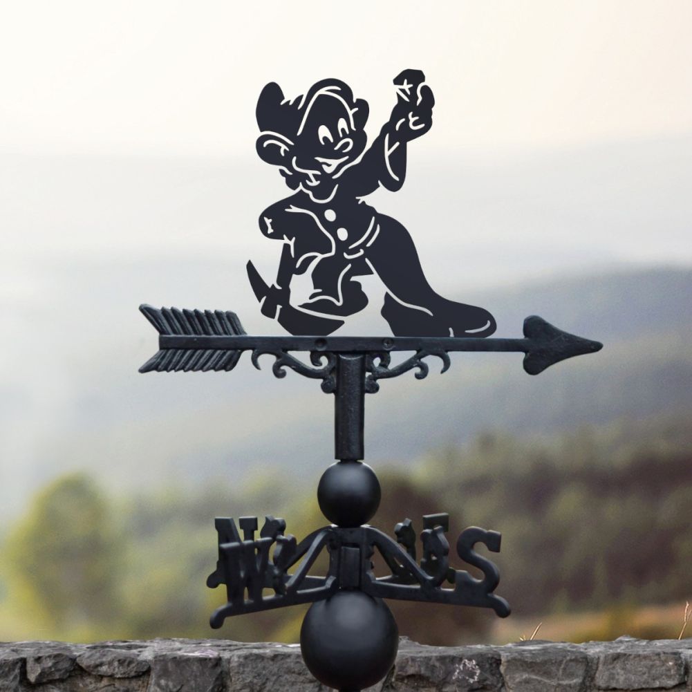 Cast Iron & Steel Happy Cartoon Dwarf & Pickaxe Weathervane in a Cloudy Setting