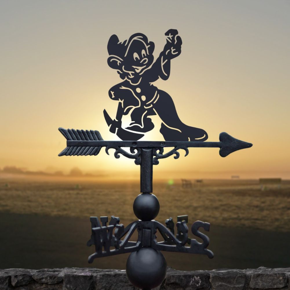 Cast Iron & Steel Happy Cartoon Dwarf & Pickaxe Weathervane in a Sun Set Setting