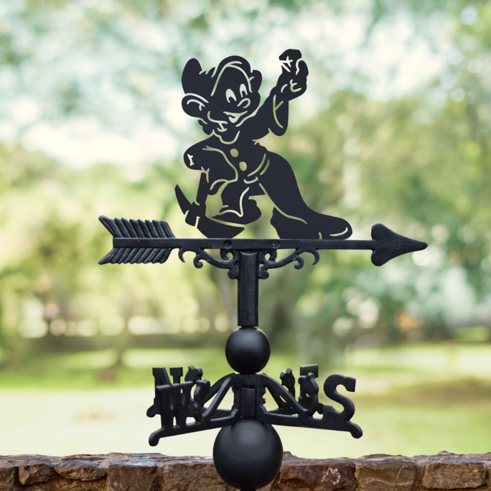 Cast Iron & Steel Happy Cartoon Dwarf & Pickaxe Weathervane in Situ