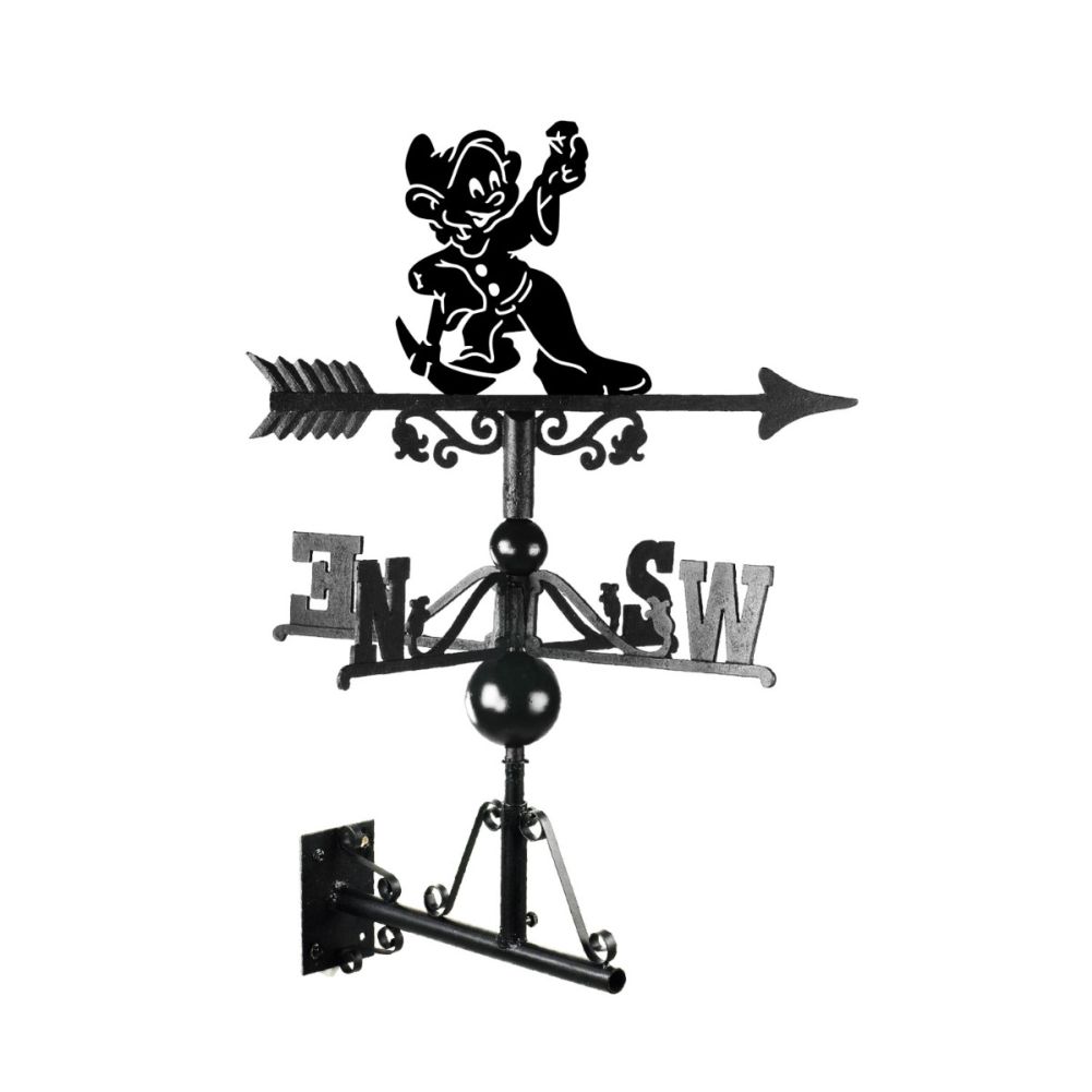 Cast Iron & Steel Happy Cartoon Dwarf & Pickaxe Weathervane on a White Background