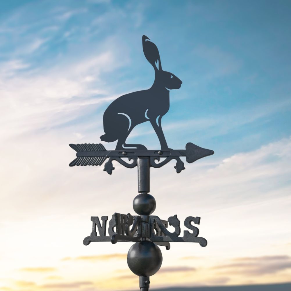 Cast Iron & Steel Hare Miniature Weathervane In Front Of A Sunrise