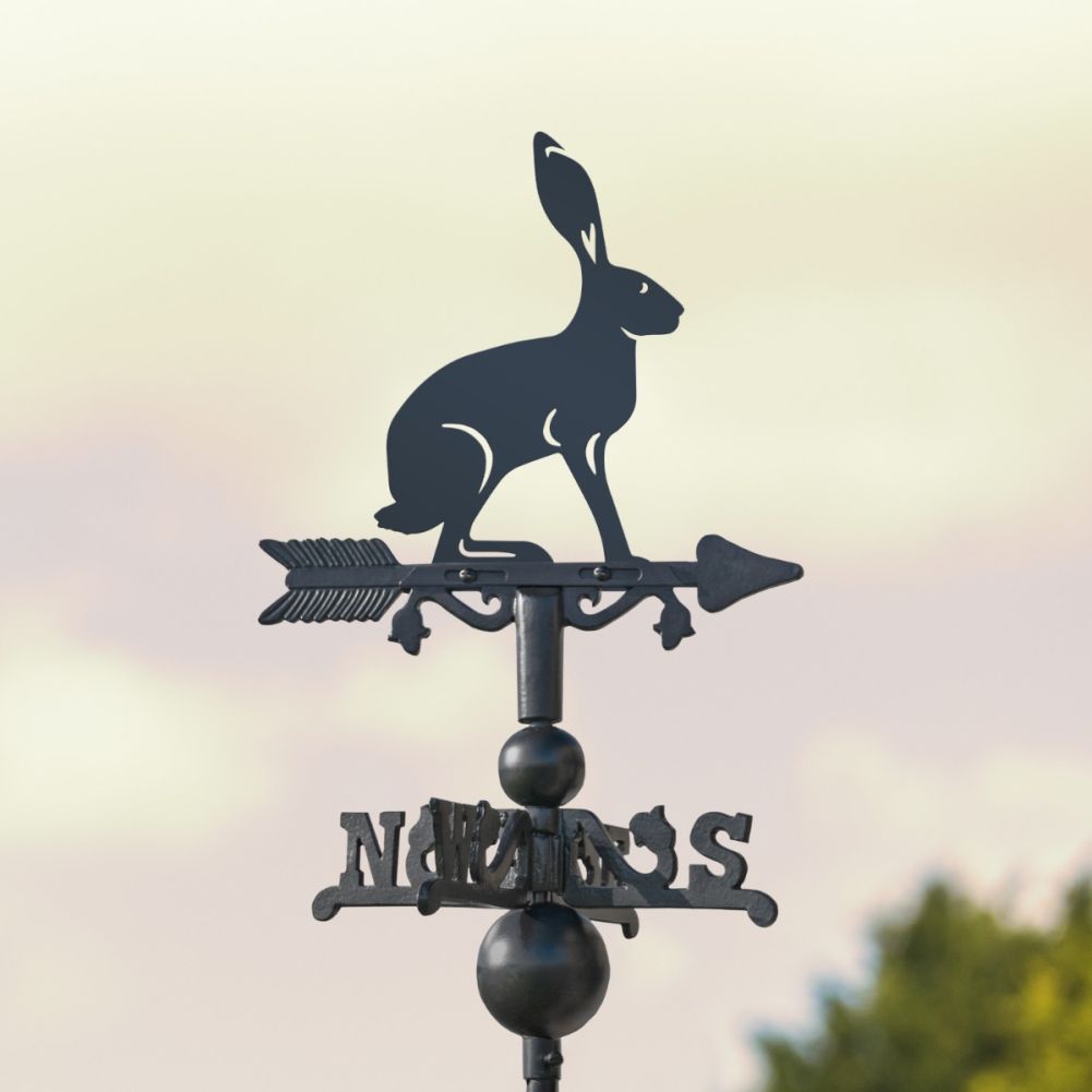 Cast Iron & Steel Hare Miniature Weathervane In Front Of A Cloudy Sky