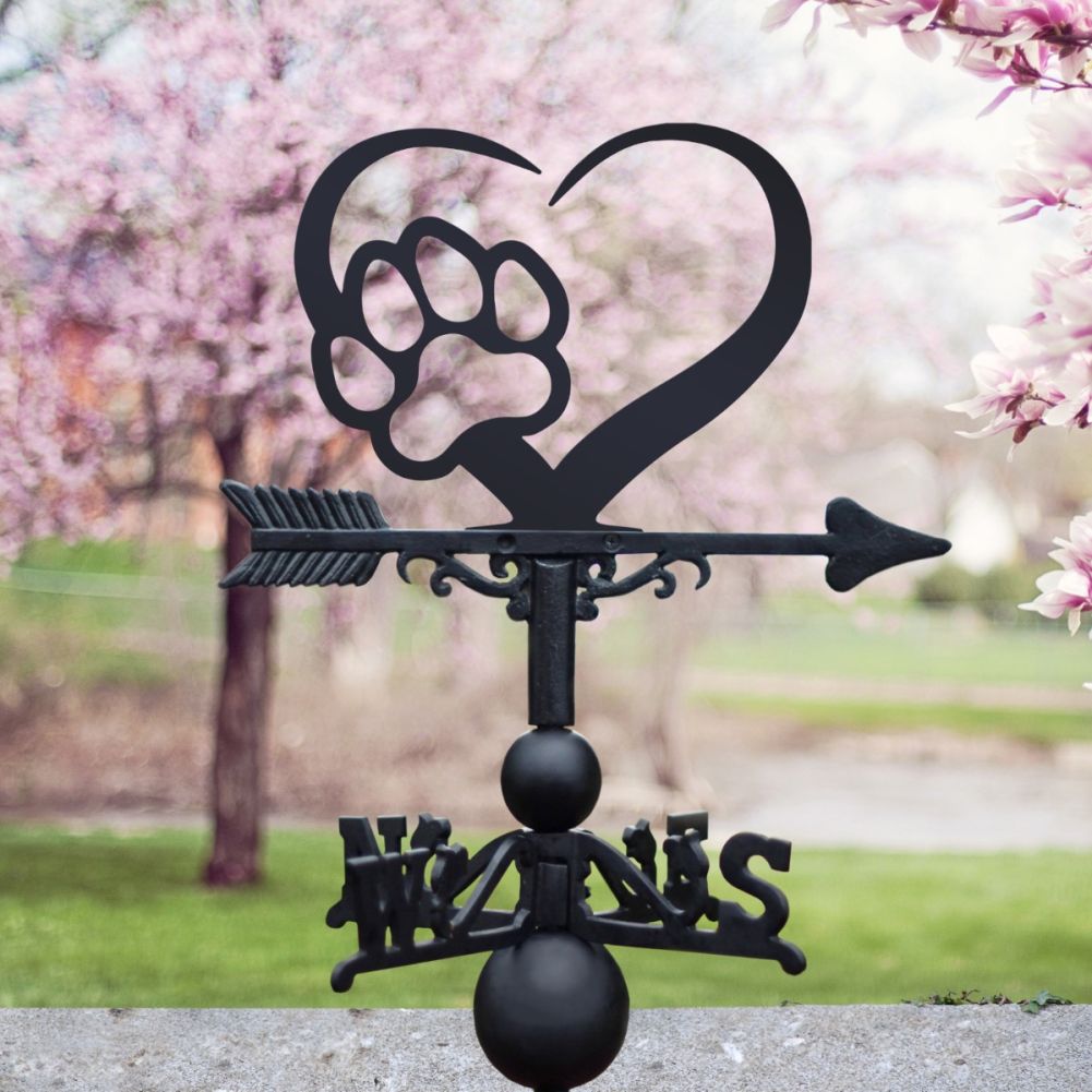 Cast Iron & Steel Heart & Paw Weathervane In A Blossom Setting