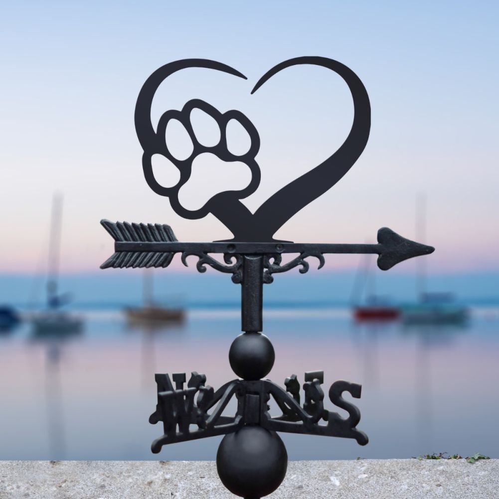 Cast Iron & Steel Heart & Paw Weathervane In A Harbour Setting