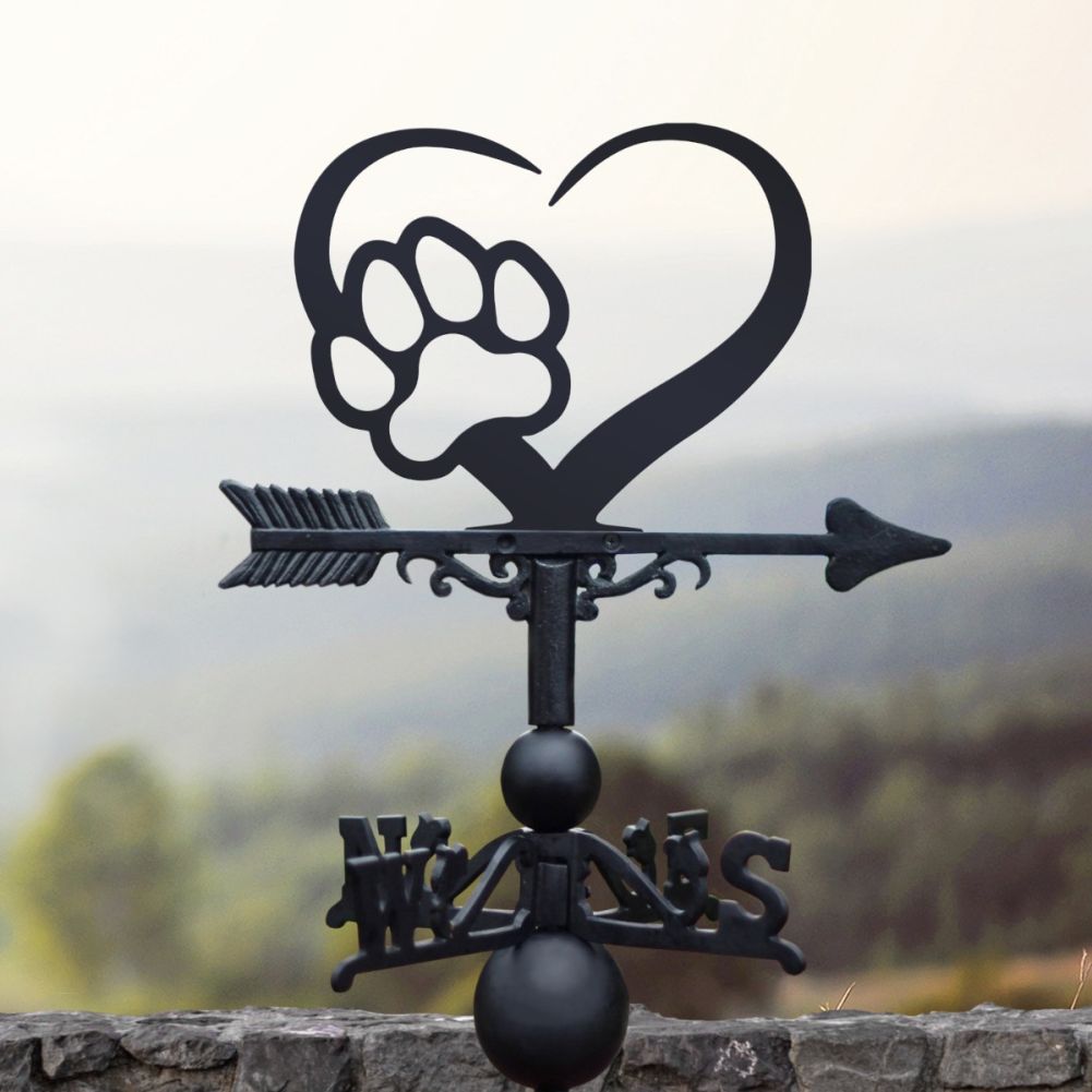 Cast Iron & Steel Heart & Paw Weathervane In A Countryside Setting
