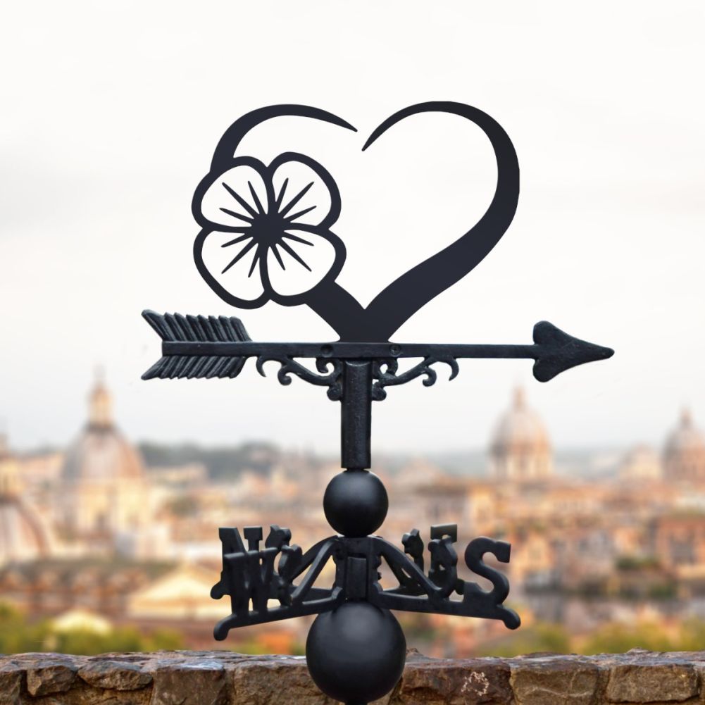 Cast Iron & Steel Poppy & Heart Weathervane in a Cityscape